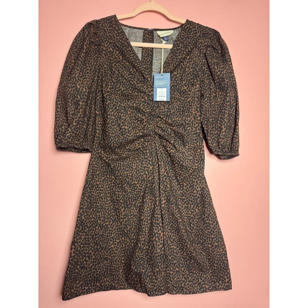 Universal Thread Womens Leopard Print V-Neck Puff Sleeve Mini Dress Brown Size 2